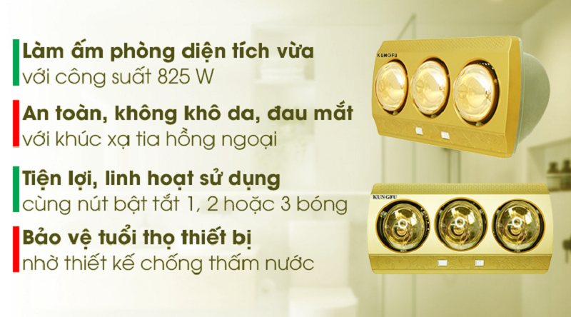 Đèn sưởi nhà tắm 3 bóng Kungfu KF-DS3 825W treo tường