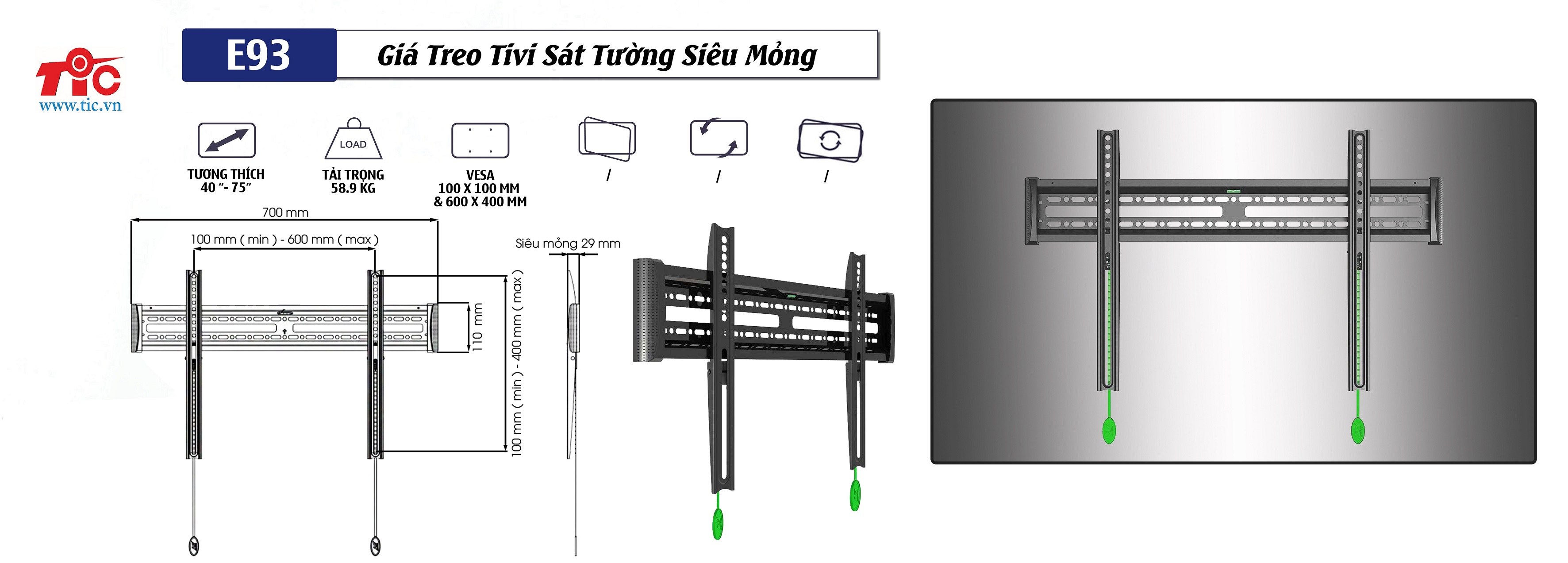 Giá treo tivi sát tường siêu mỏng E93