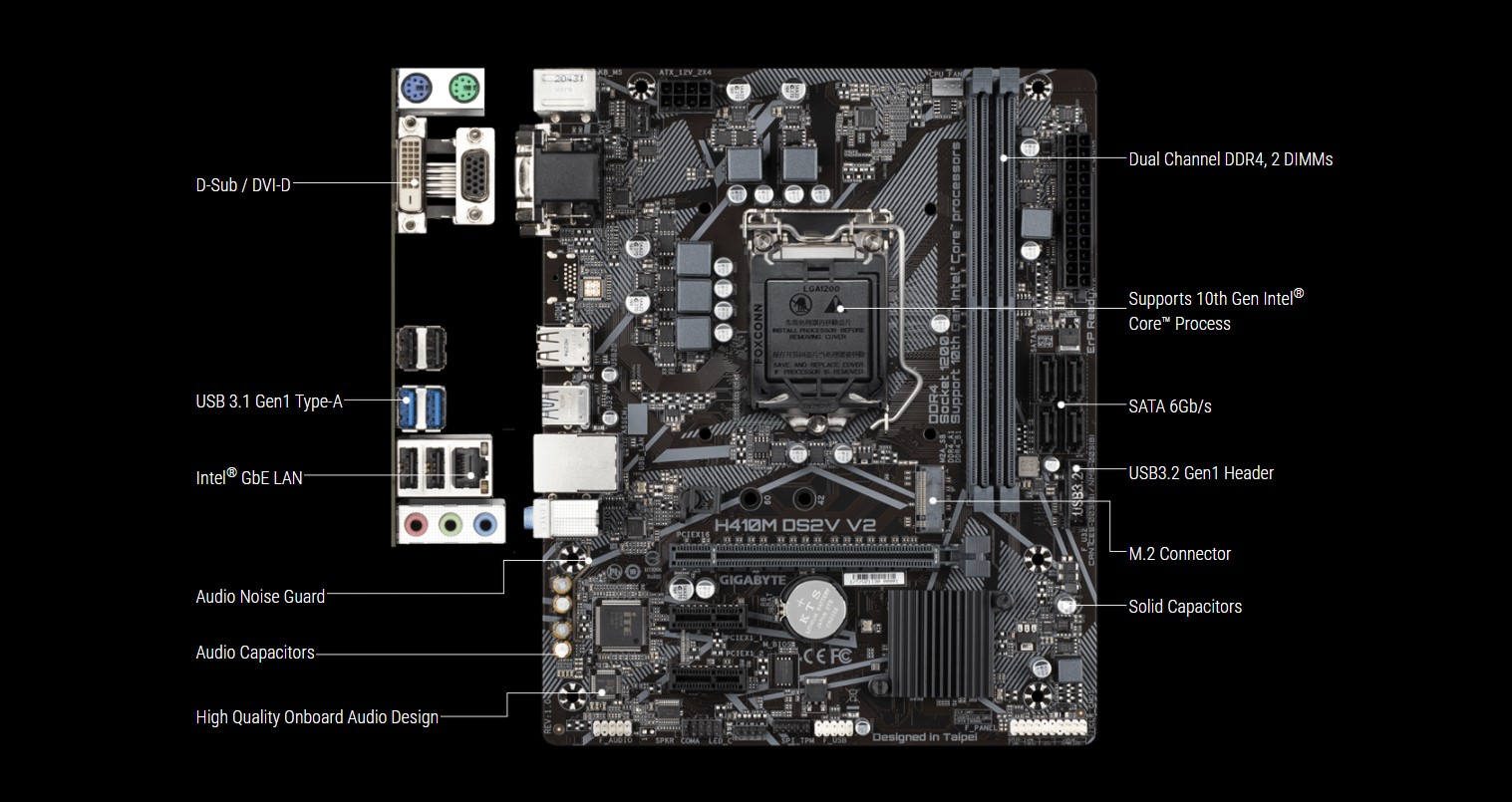 Mainboard mATX Gigabyte H410M-DS2V V2 - H410, Socket 1200, Hỗ trợ 2 khe RAM DDR4