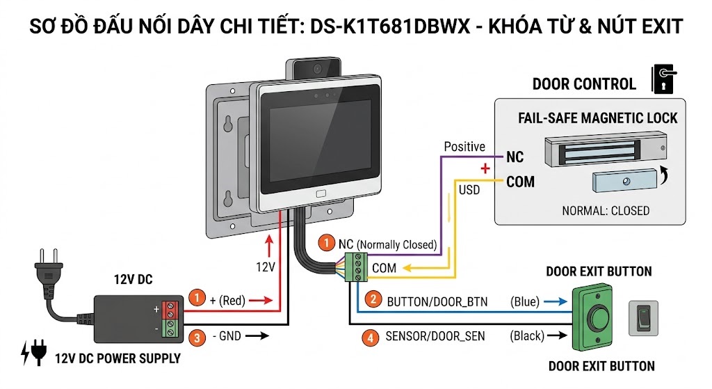 sơ đồ đấu nối dây khóa điện và nút exit cho máy Hikvision DS-K1T681DBWX