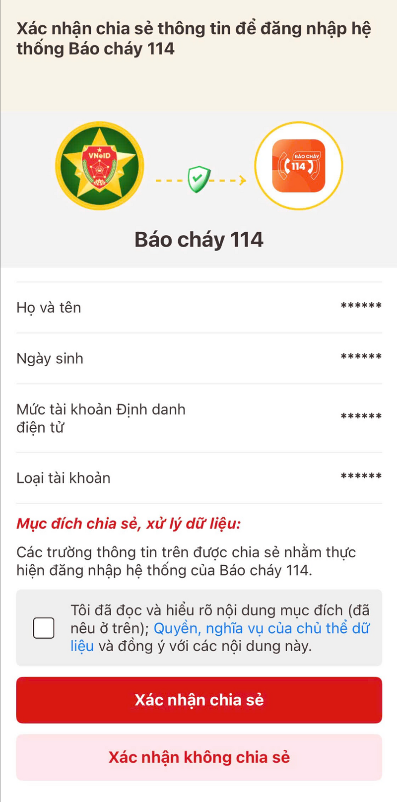 xác nhận chia sẻ thông tin cho báo cháy 114