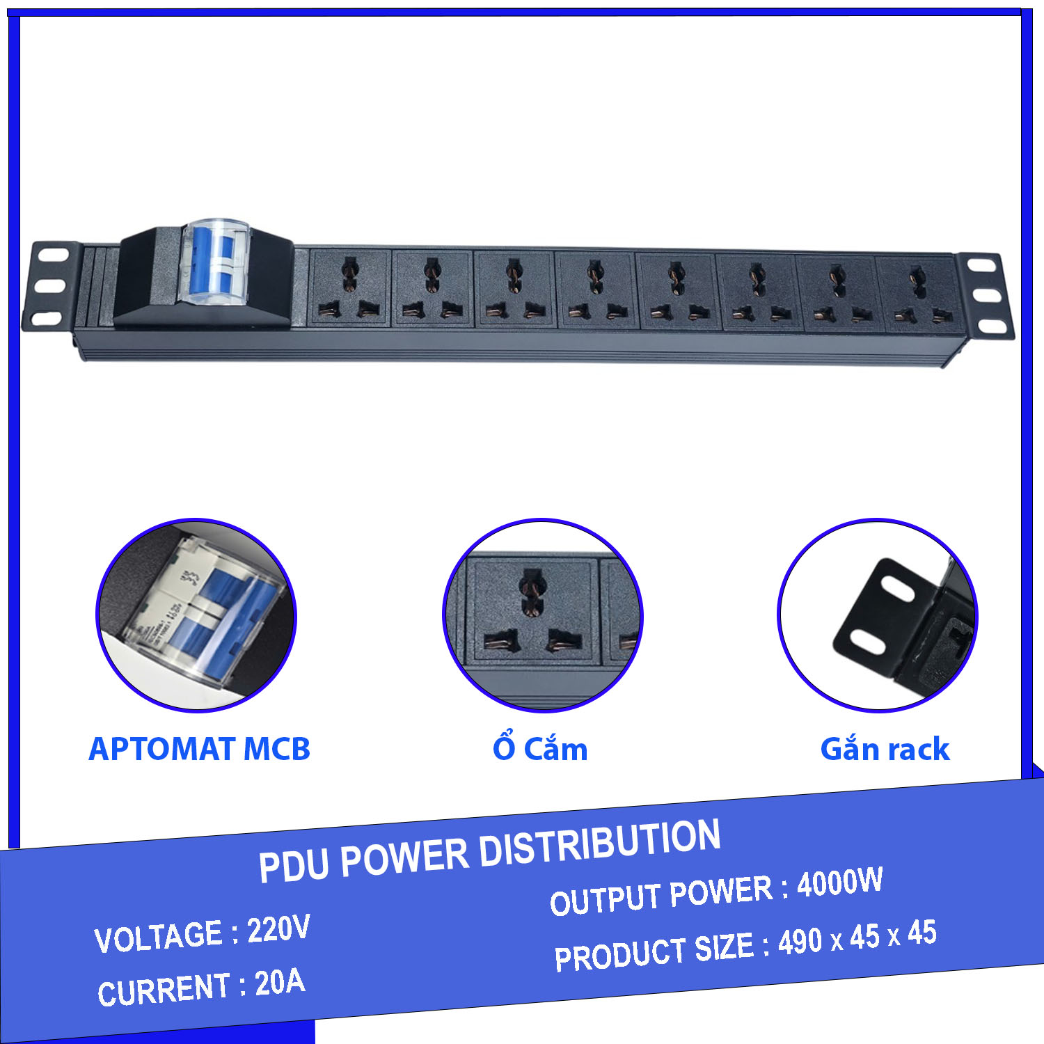 Ổ cắm điện - Thanh nguồn PDU 8 ổ cắm có APTOMAT MCB gắn rack 19″