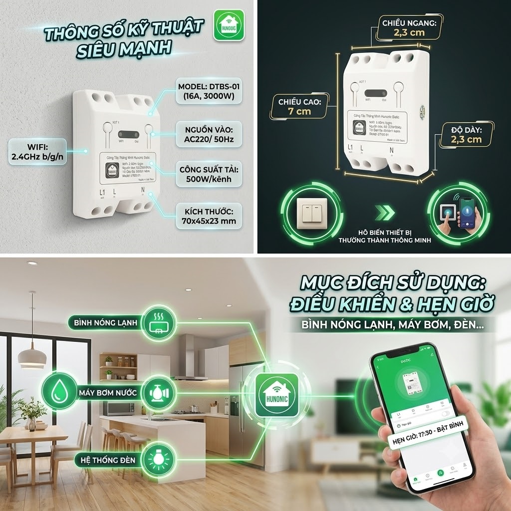 Ổ Cắm điện Thông Minh Hunonic SK02 – Biến Thiết Bị Thường Thành Thiết Bị Thông Minh ( công suất 16A)