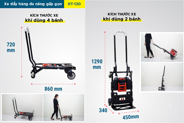 Xe đẩy hàng đa năng chuyển đổi 2 bánh và 4 bánh, gấp gọn ADVINDEQ HT-120 - hình 3