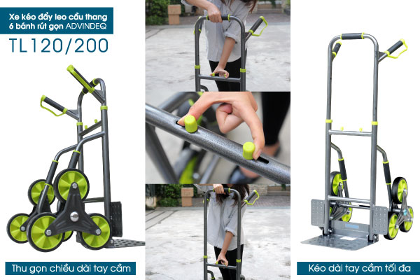 &nbsp;Xe kéo đẩy leo cầu thang 6 bánh rút gọn ADVINDEQ TL-120/200 với kiểu dáng thiết kế hiện đại, chắc chắn.