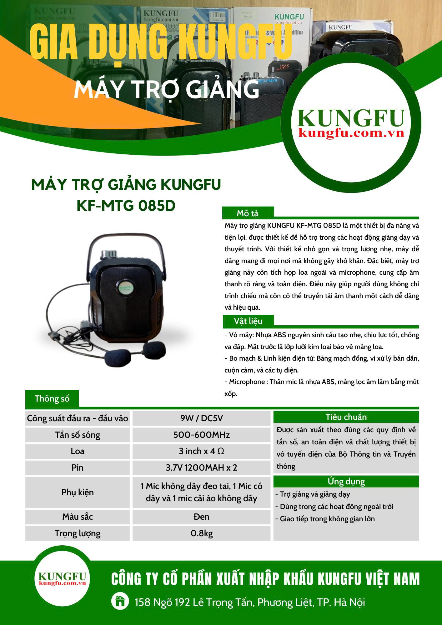 Máy trợ giảng KUNGFU KF-MTG085D – Công suất 9W, 3 micro, thiết kế tiện dụng