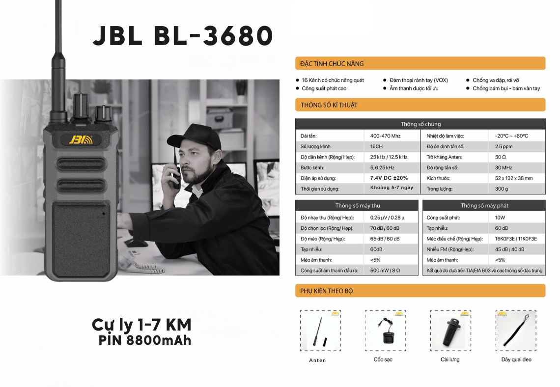 Bộ Đàm JBL BL-3680 – "Quái Thú" Công Suất 10W, Pin Siêu Khủng 8800mAh, Cự Ly 7KM