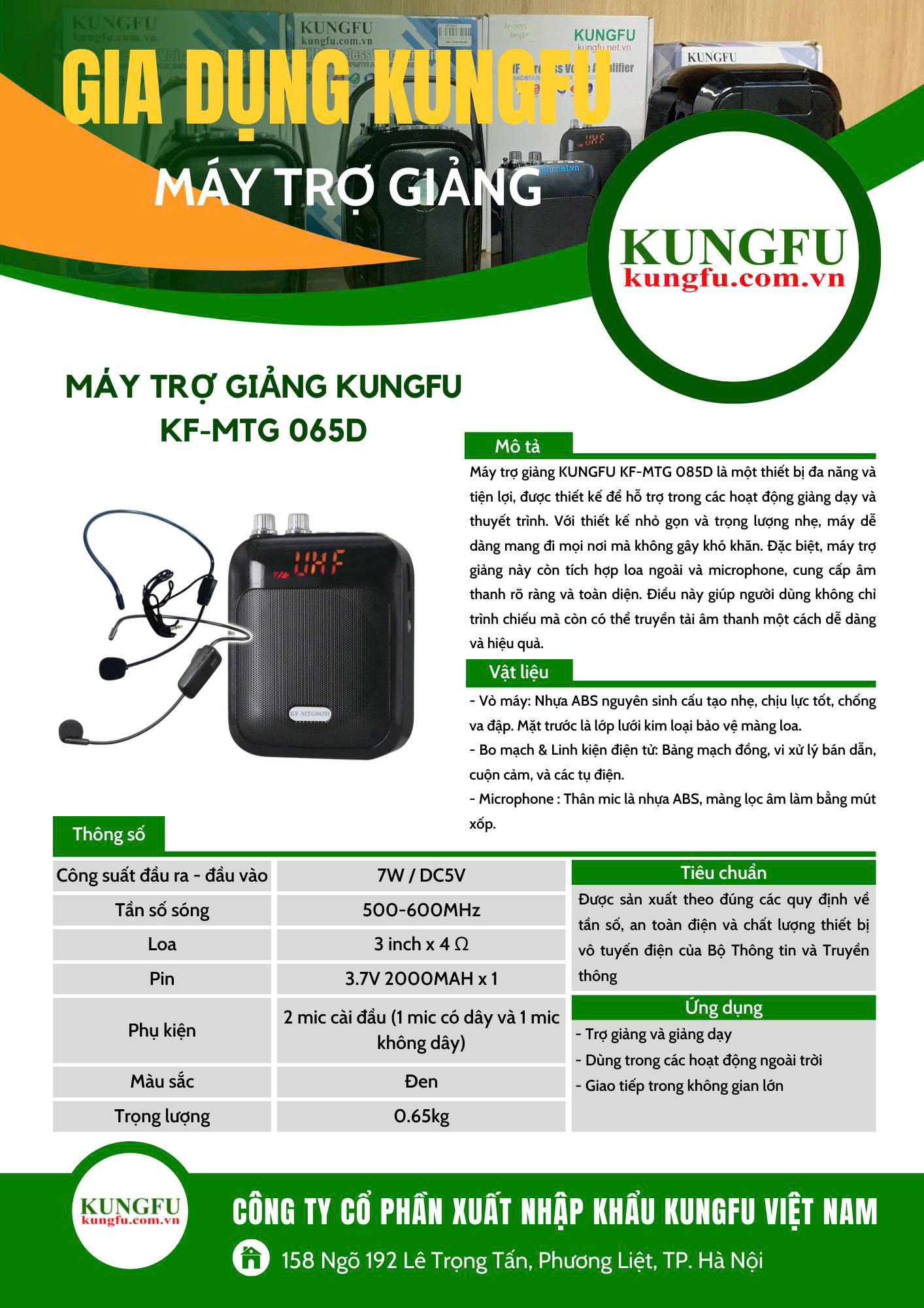 Máy trợ giảng KUNGFU KF-MTG065D – Công suất 7W, 2 micro, nhỏ gọn tiện dụng