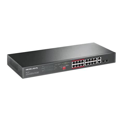 Switch POE MERCUSYS MS118CP Chính hãng FV (16 port PoE+ 10/100Mbps + 2 port Uplink RJ45 Gigabit + 2 khe SFP Combo 1Gbps, Tối đa 250m, 48V–52V)
