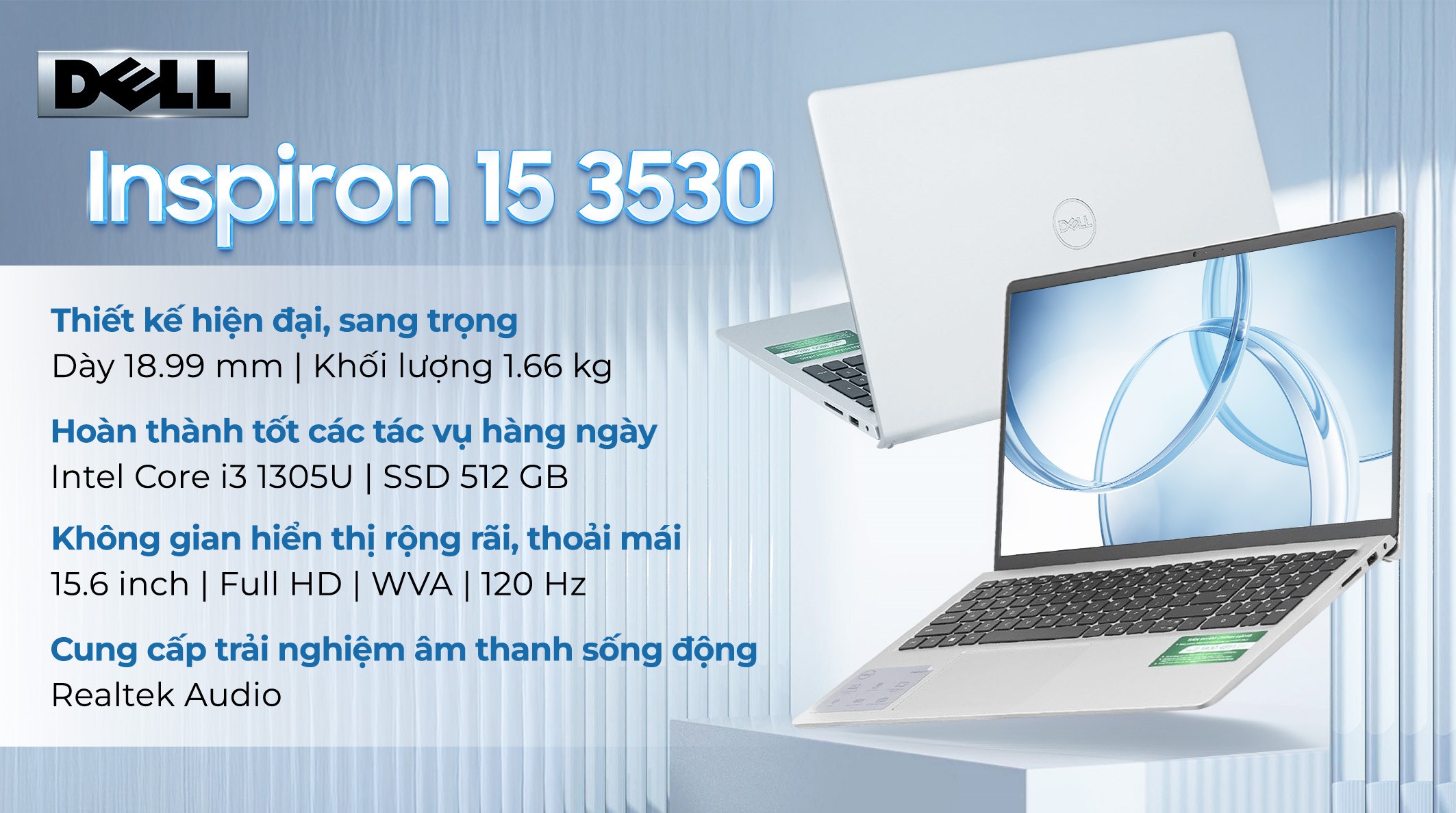 Laptop Dell Inspiron 15 3530 - N3530-i3U085W11SLU (i3 1305U, 8GB, 512GB, Full HD 120Hz, OfficeH24+365, Win11)