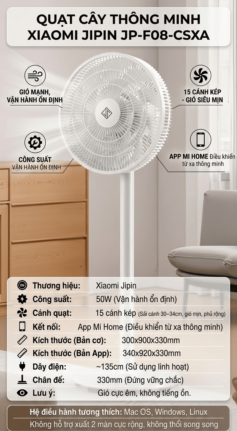 Quạt Cây Thông Minh 15 Cánh Kép Xiaomi Jipin JP-F08-CSXA – Sải Cánh 35cm, Kết Nối App Mi Home, Gió Siêu Mịn