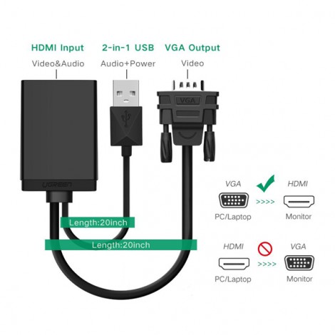 Cáp chuyển VGA to HDMI tích hợp Audio Ugreen 40213 chính hãng | Hàng chính hãng