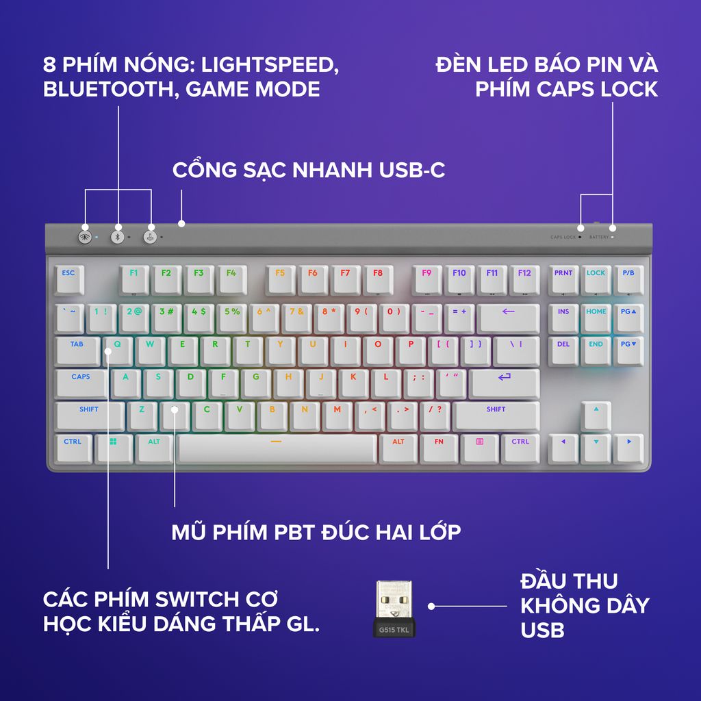 Bàn phím LOGITECH G515 TKL LIGHTSPEED WIRELESS/BLUETOOTH RGB GAMING/ĐEN/TRẮNG