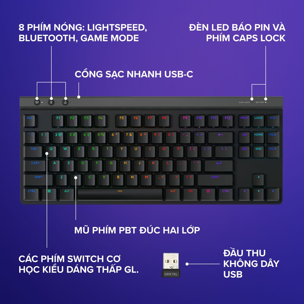 Bàn phím gaming Logitech G515 TKL LIGHTSPEED Wireless chính hãng