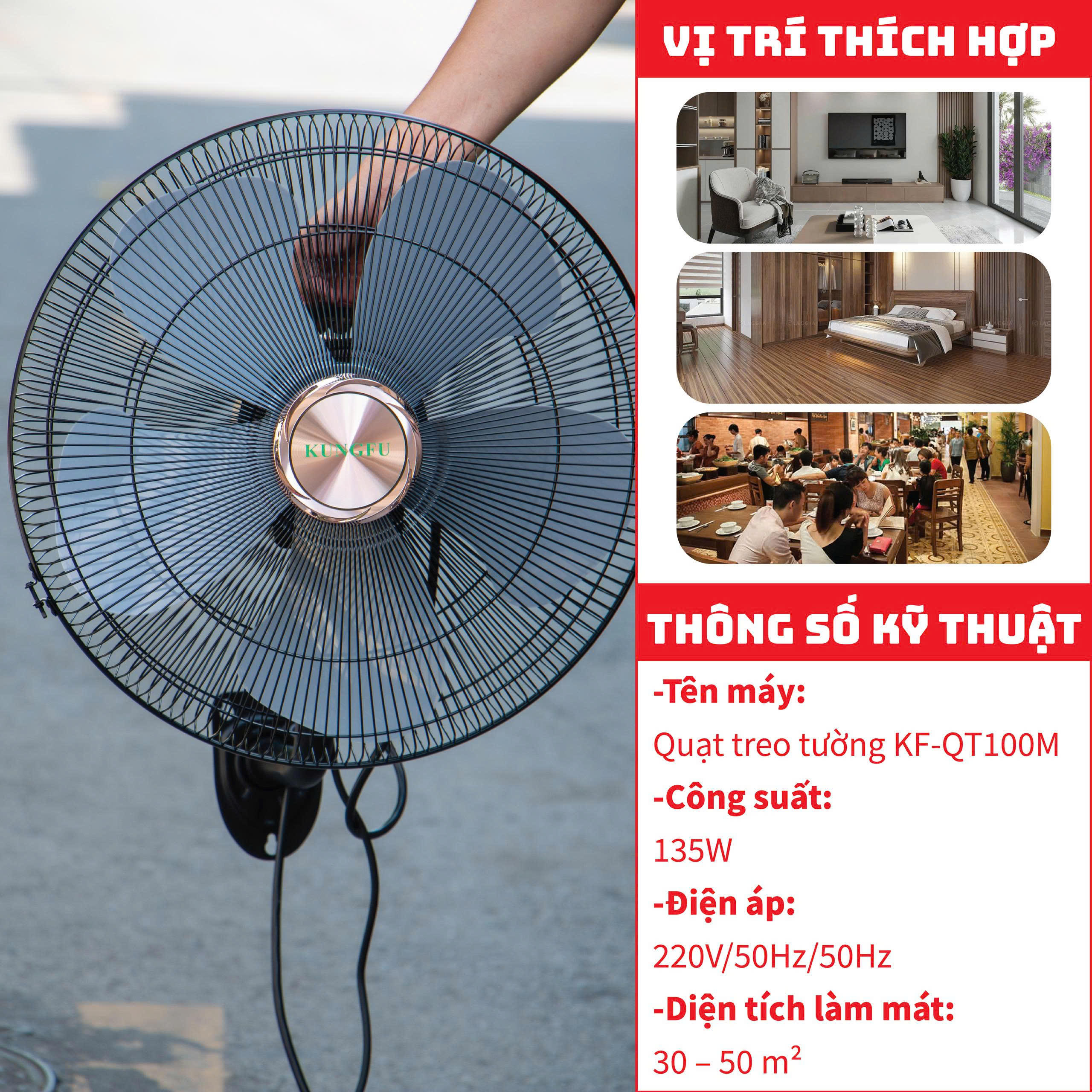 Quạt Treo Tường Kungfu KF-QT100M: Công Suất Lớn, Làm Mát Diện Rộng