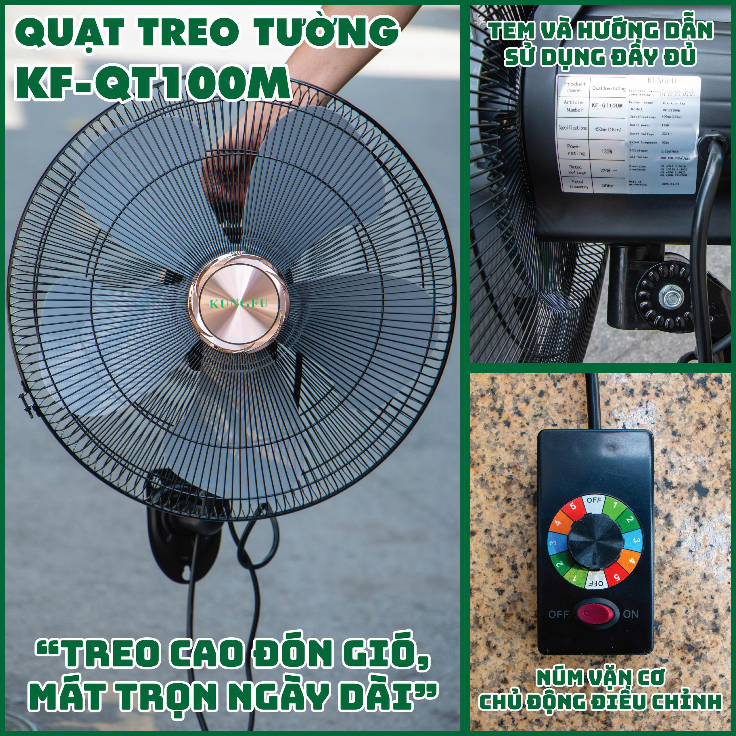 Quạt Treo Tường Kungfu KF-QT100M: Công Suất Lớn, Làm Mát Diện Rộng
