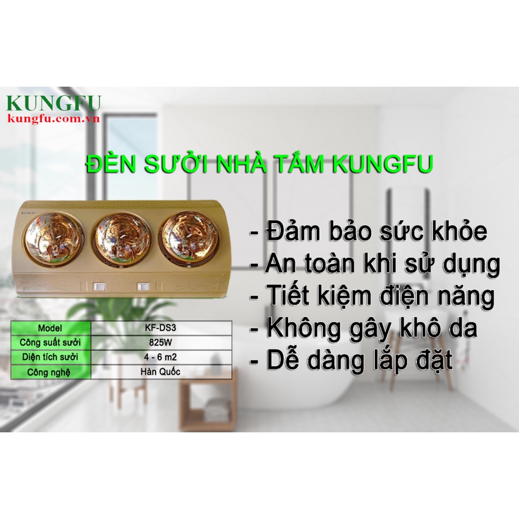Đèn sưởi nhà tắm 3 bóng Kungfu KF-DS3 825W treo tường
