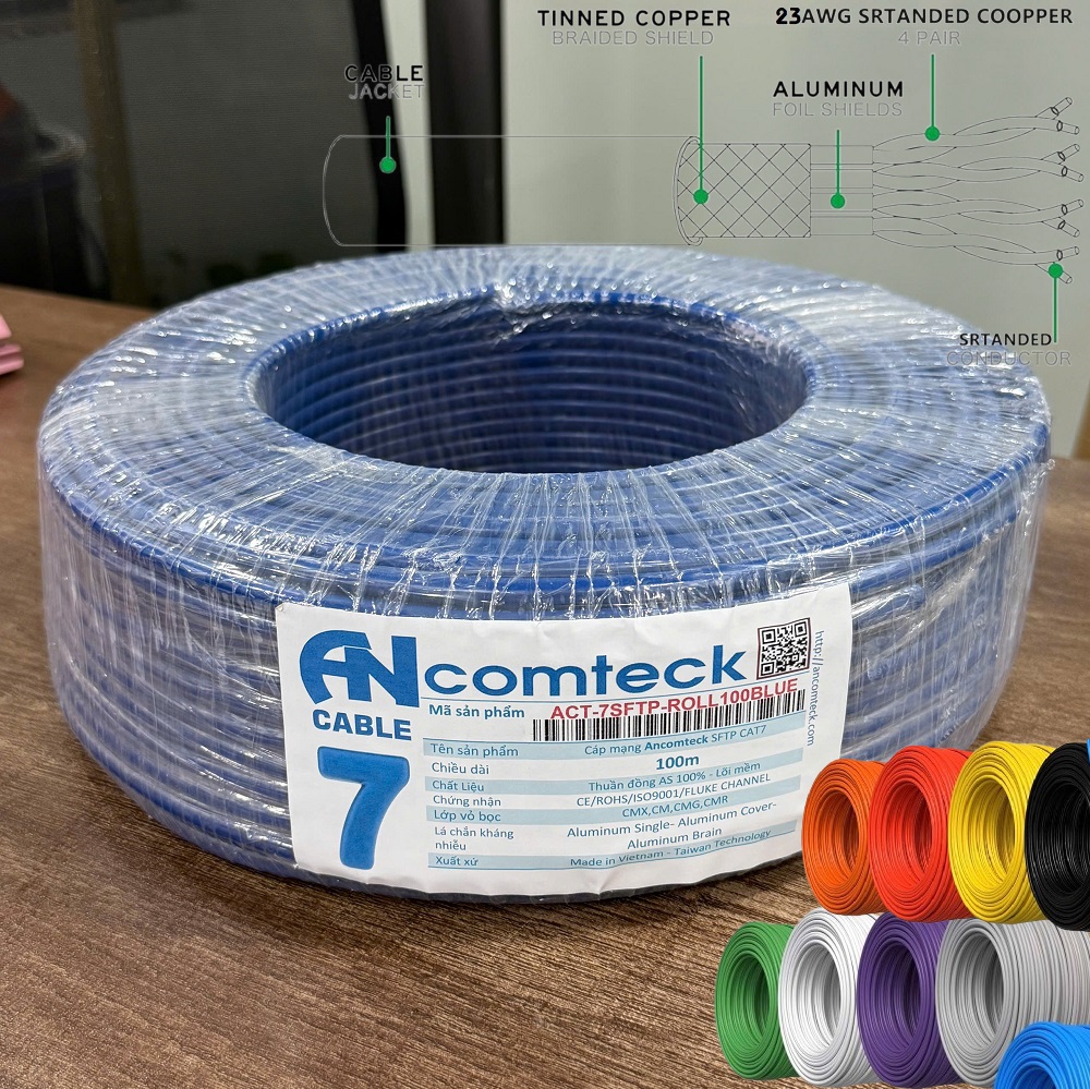 Cáp Mạng CAT7 SFTP Ancomteck (ACT-7SFTP-BULK305BLUE) – Đẳng Cấp 25Gbps, Chống Nhiễu Tuyệt Đối
