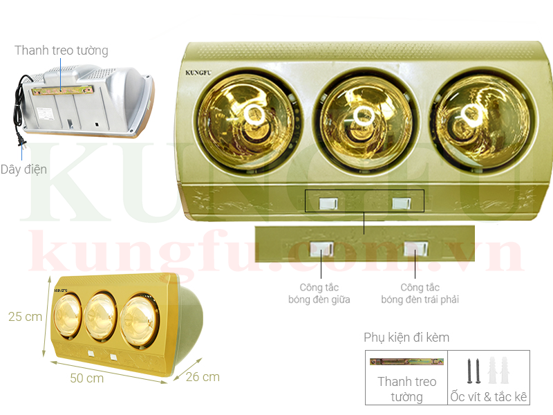Đèn sưởi nhà tắm 3 bóng Kungfu KF-DS3 | Hàng chính hãng