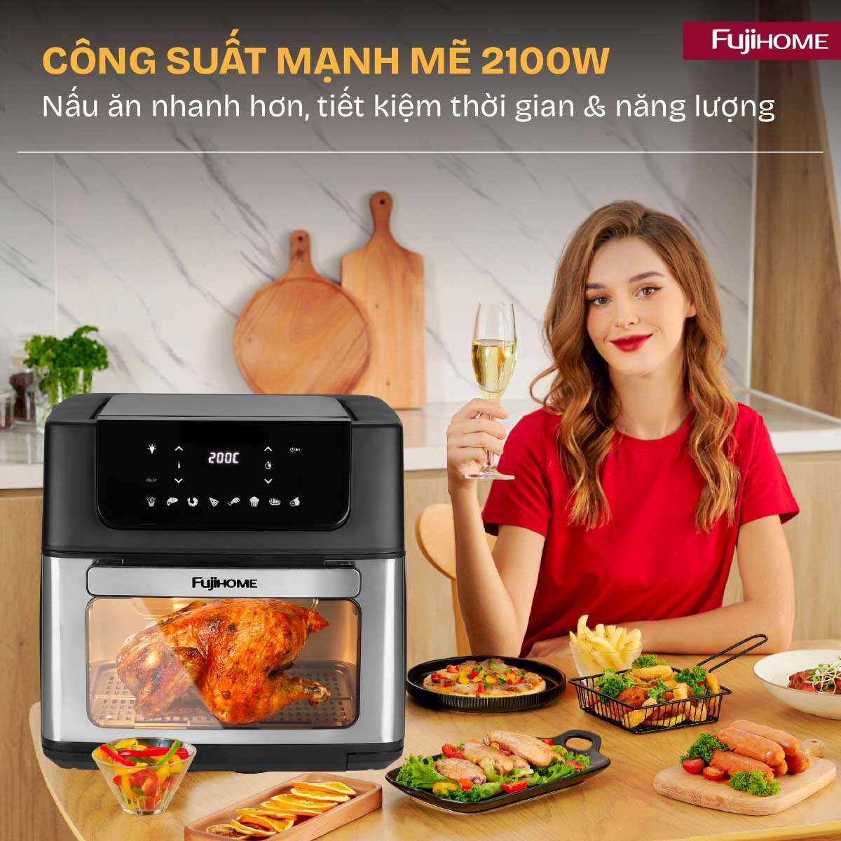 Nồi chiên không dầu Fujihome A16D 16 lít 2100W có lồng quay | Hàng chính hãng
