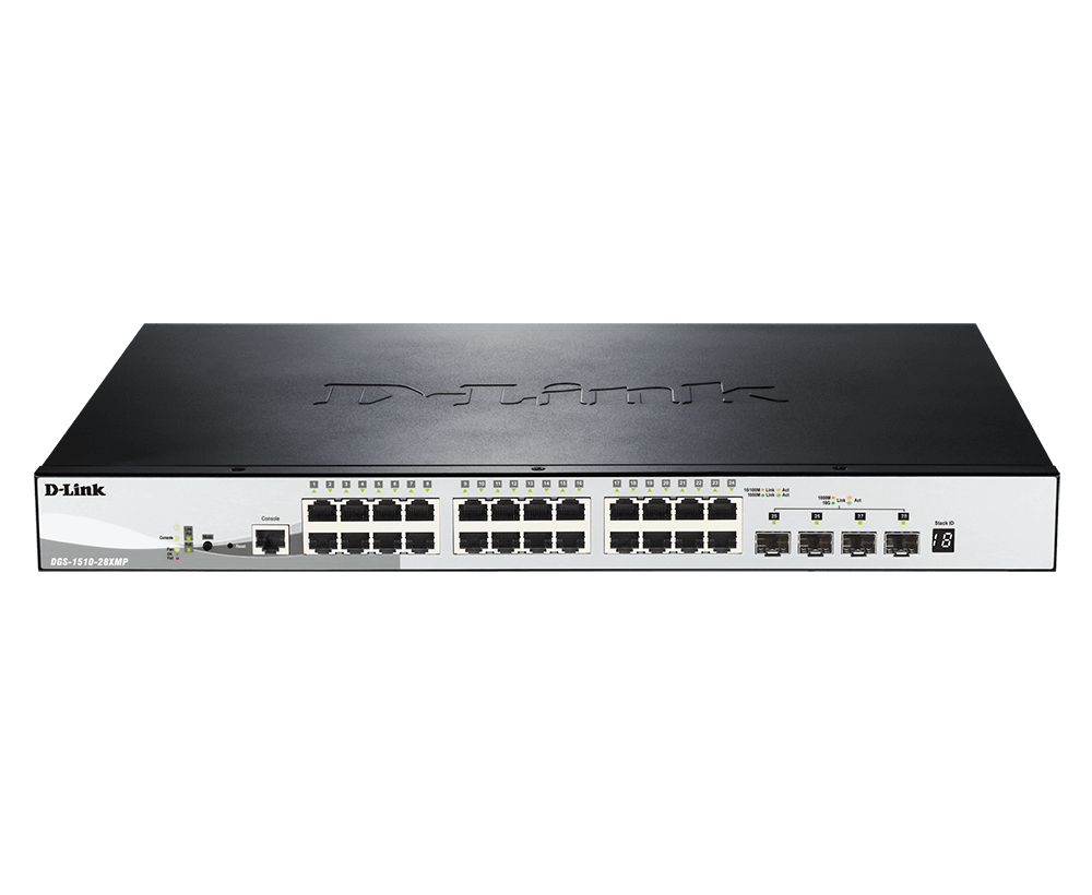 DGS-1510-28XMP – Switch Gigabit PoE+ Stackable 28 Port với 4 cổng 10G SFP+
