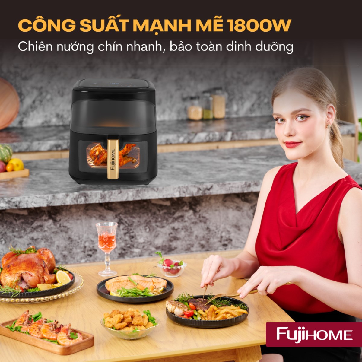 Nồi chiên không dầu Fujihome A8DG1NEW 8 lít hai cửa kính | Hàng chính hãng