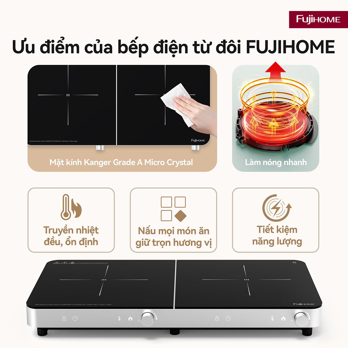 Bếp từ đôi Fujihome IC2602S 3400W núm xoay, chuẩn CE | Hàng chính hãng