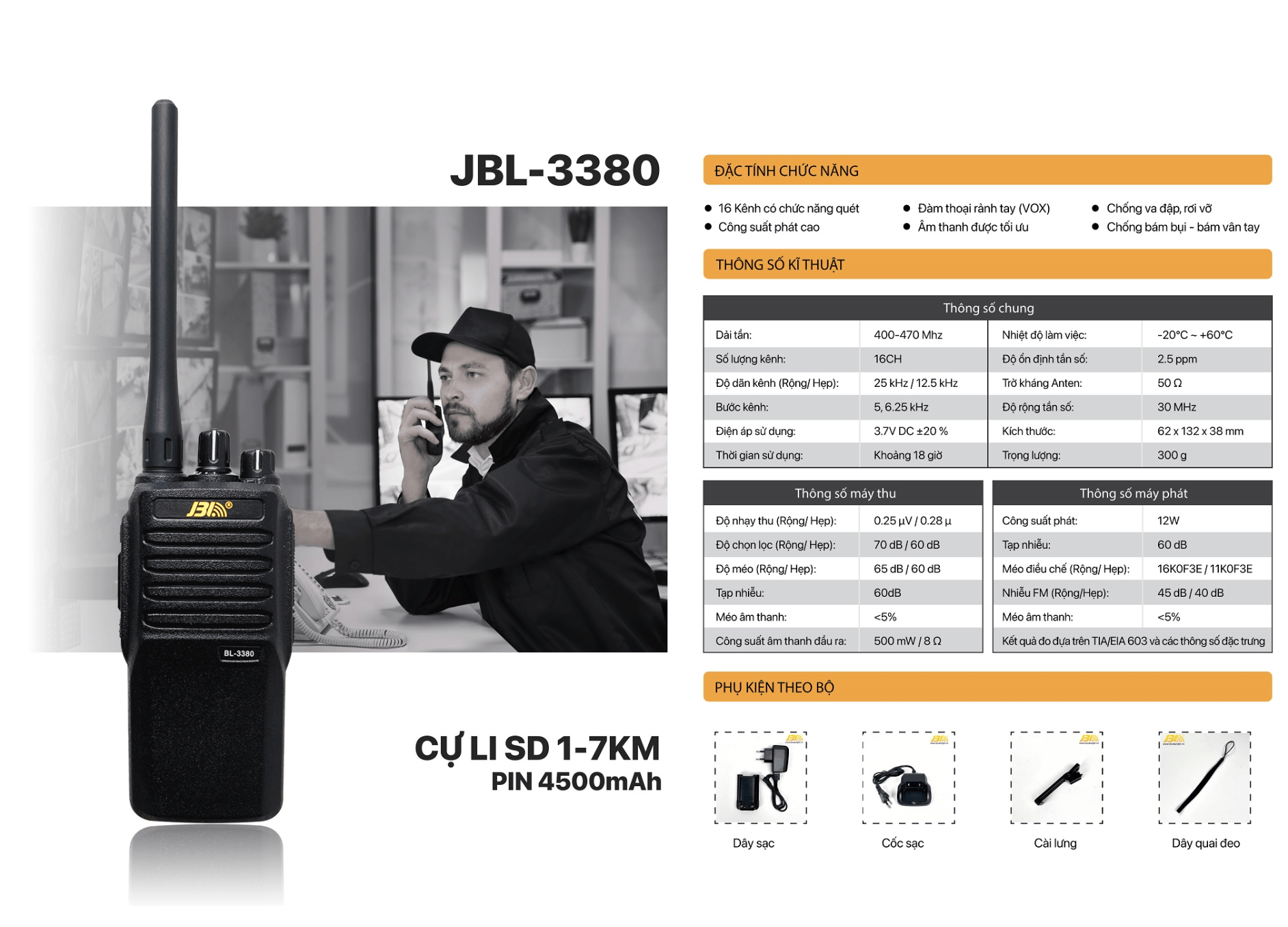 Bộ Đàm JBL-3380 – Công Suất Đỉnh Cao 12W, Cự Ly 1-7KM, Chống Va Đập