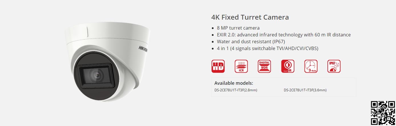 Hikvision Camera HD-TVI  8MP. DS-2CE78U1T-IT3F | Hàng chính hãng