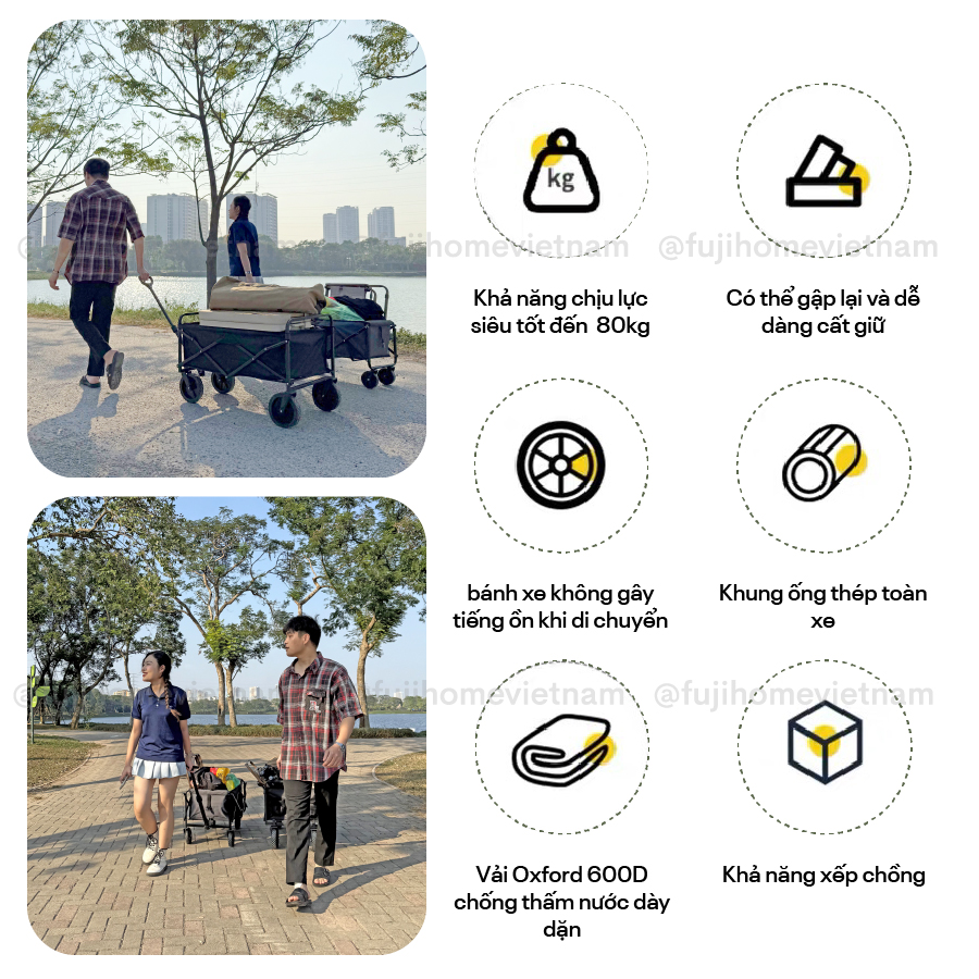 Xe kéo dã ngoại gấp gọn Fujihome CT80 tải trọng 80kg | Hàng chính hãng