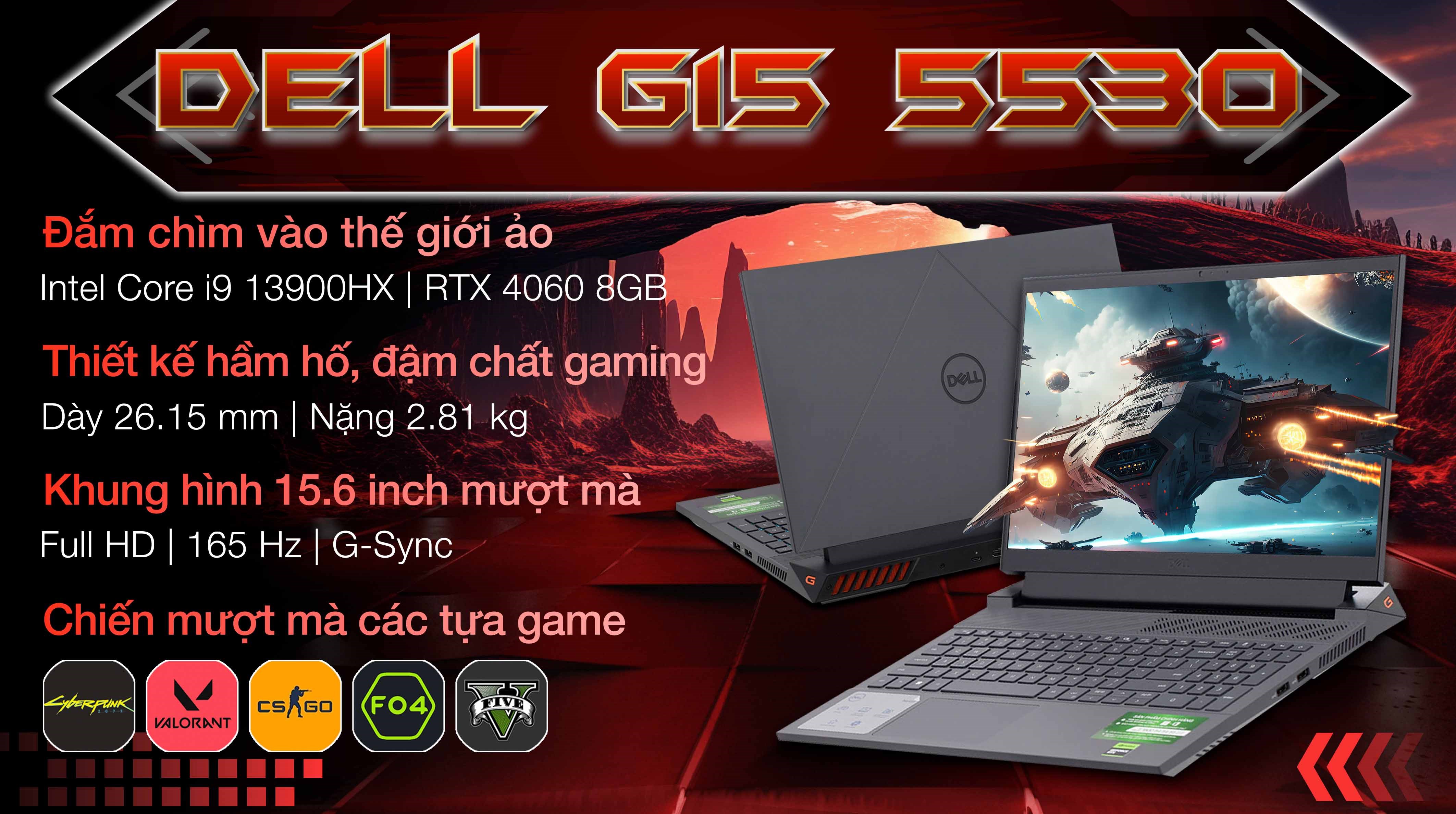 Laptop Dell G15 5530 - i9HX161W11GR4060 (i9 13900HX, 16GB, 1TB, 8GB RTX4060, 15.6"F, 165Hz, OfficeHS, Win11)