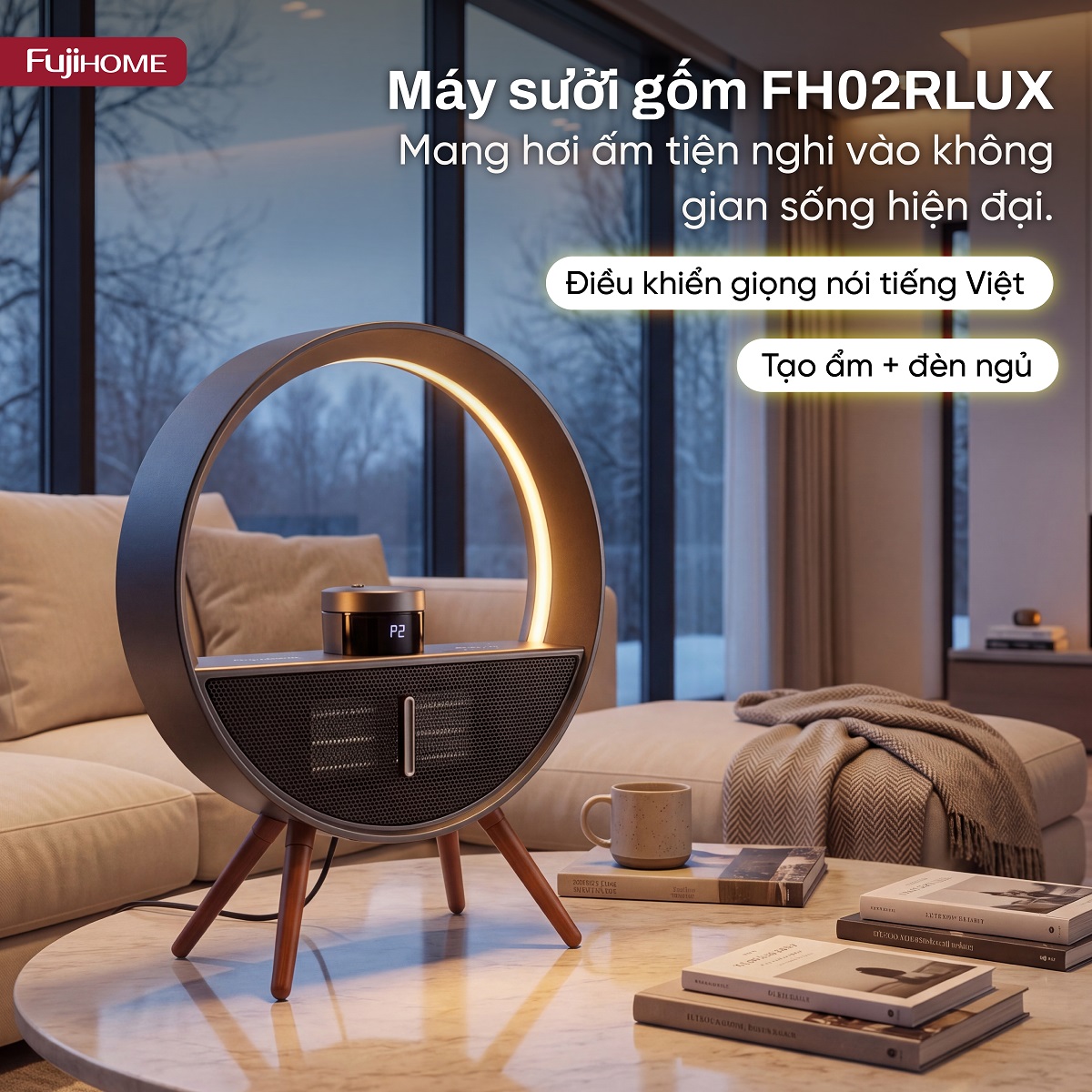 Máy sưởi gốm để bàn điều khiển giọng nói Fujihome FH02RLUX 2000W | Hàng chính hãng