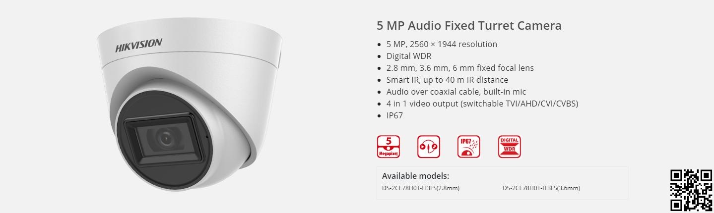 Hikvision Camera DS-2CE78H0T-IT3FS HD-TVI   5MP –  tích hợp MIC | Hàng chính hãng