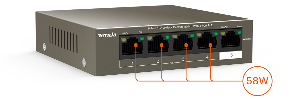 Switch Poe Tenda TEF1105P-4-63W 5-Port 10/100Mbps PoE | Hàng chính hãng