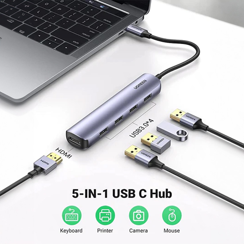 Hub UGREEN 20197 – USB-C sang HDMI 4K, 4 cổng USB 3.0