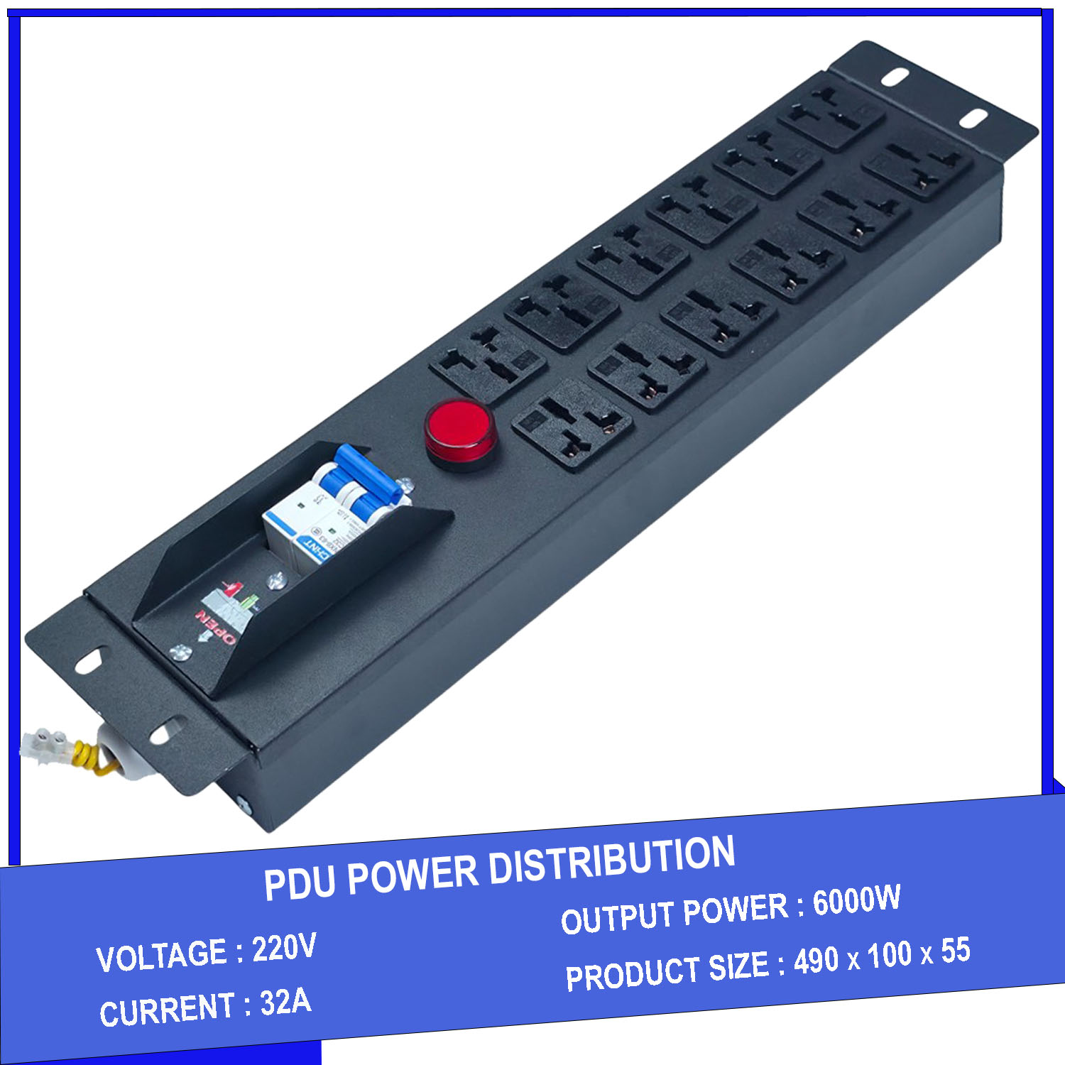 Thanh nguồn PDU 12 cổng 3 chấu có MCB 32A lắp tủ rack 19 inch