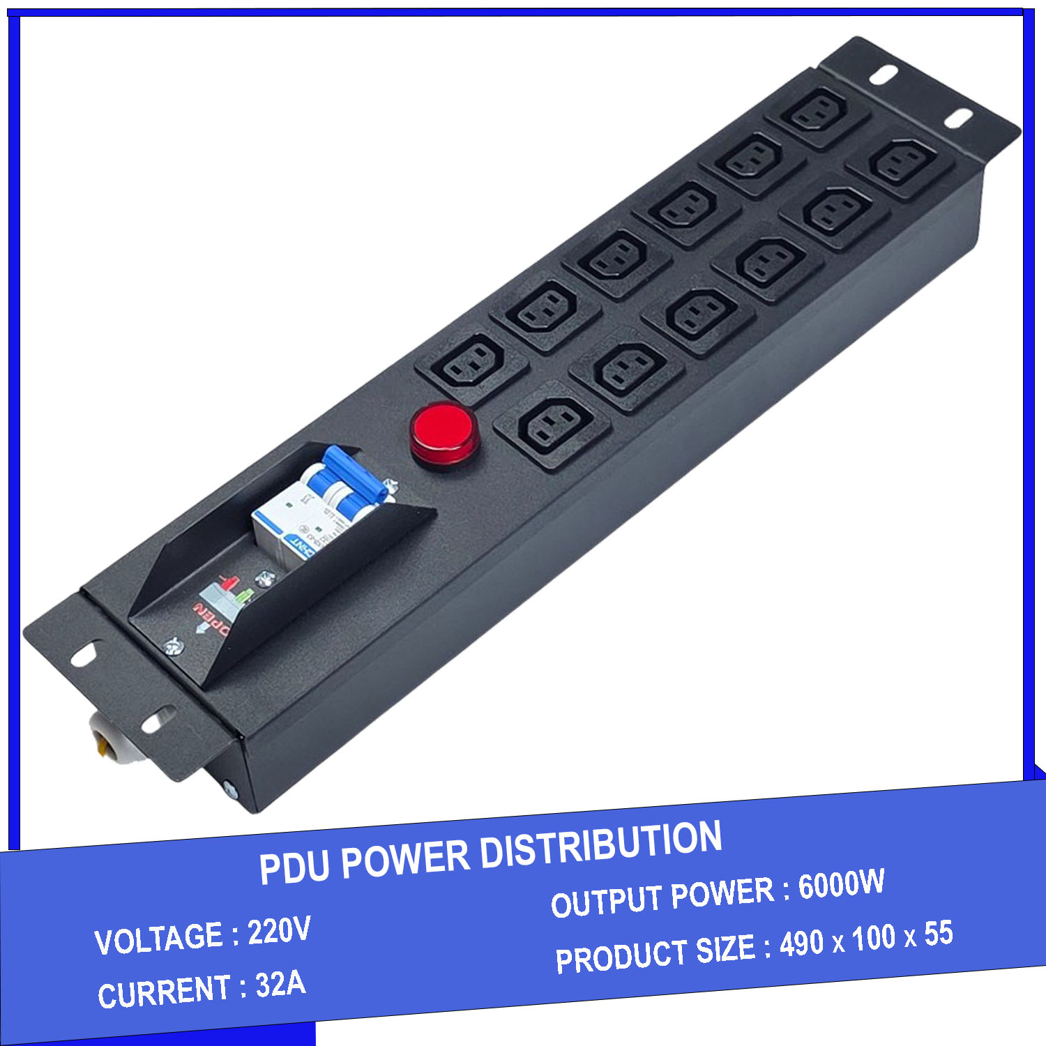 Ổ cắm điện, Thanh nguồn PDU 12 ổ cắm chuẩn C13 gắn rack 19″ 2U có APTOMAT MCB