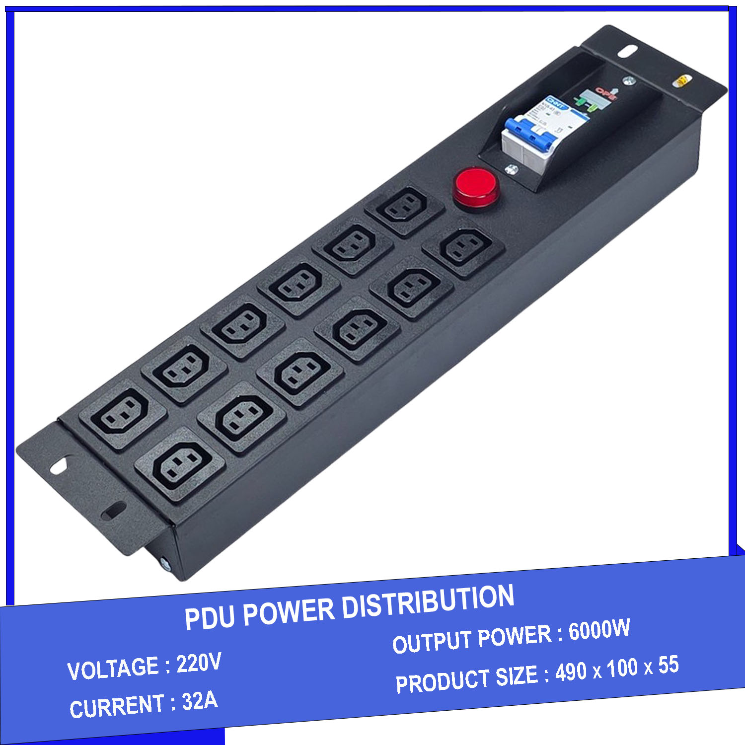 Ổ cắm điện, Thanh nguồn PDU 12 ổ cắm chuẩn C13 gắn rack 19″ 2U có APTOMAT MCB