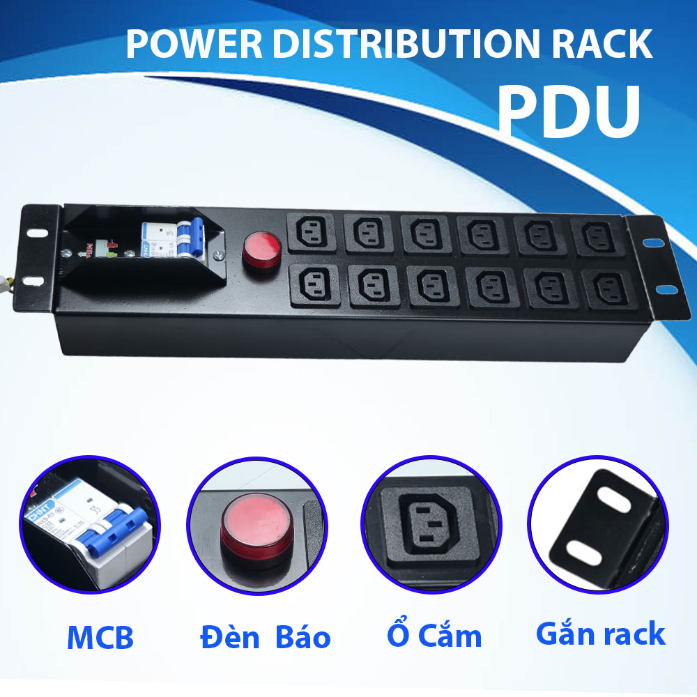 Ổ cắm điện, Thanh nguồn PDU 12 ổ cắm chuẩn C13 gắn rack 19″ 2U có APTOMAT MCB