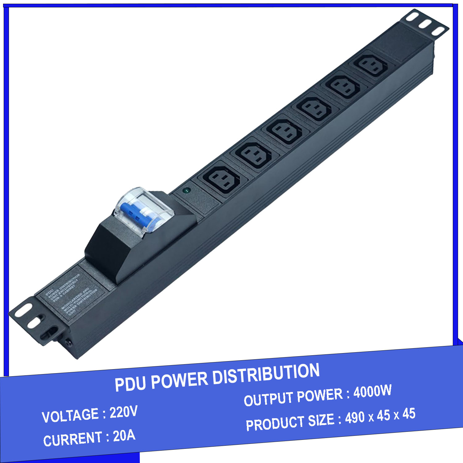 Thanh Nguồn PDU 6 Ổ Cắm Chuẩn C13 Có APTOMAT MCB GF.PDU-6KG C13 - Lắp Rack 19 Inch