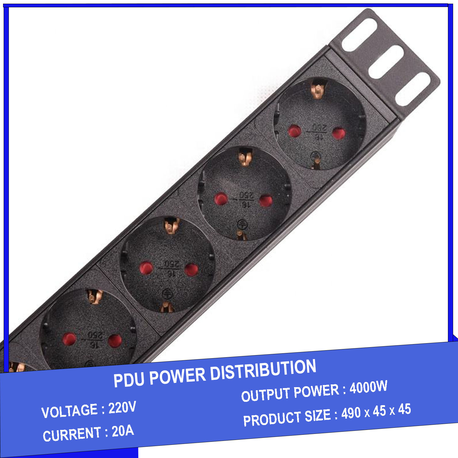 Ổ cắm điện - Thanh nguồn PDU 8 ổ cắm chuẩn Châu Âu có SPD chống sét gắn rack 19″