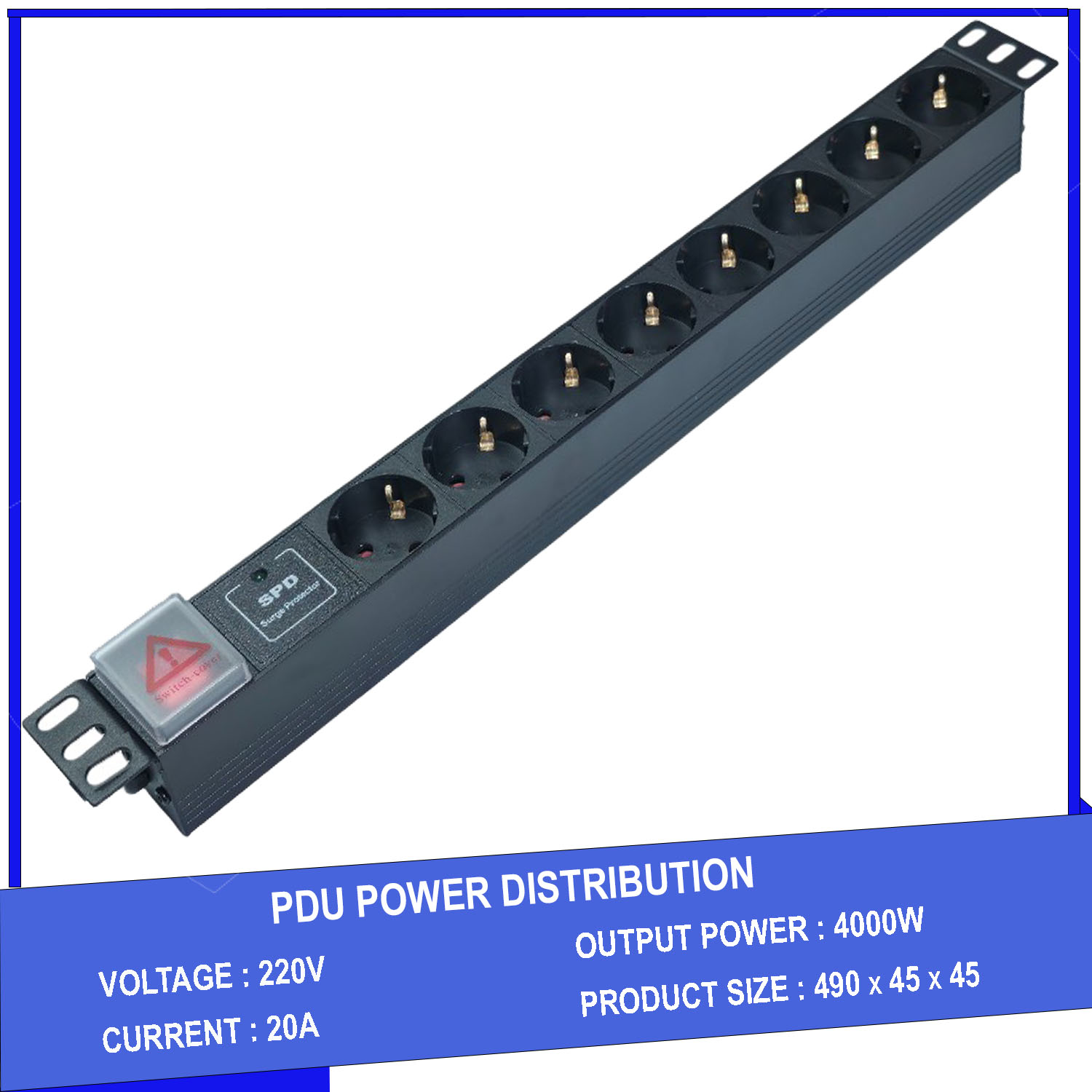 Ổ cắm điện - Thanh nguồn PDU 8 ổ cắm chuẩn Châu Âu có SPD chống sét gắn rack 19″