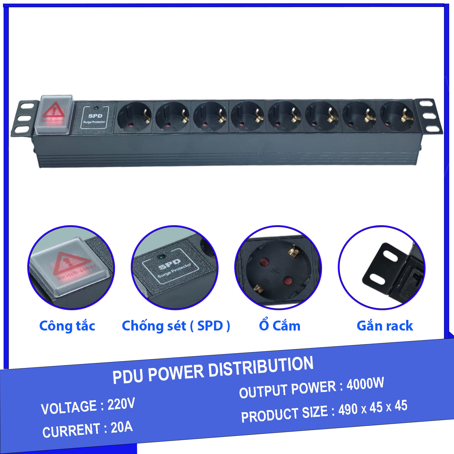 Ổ cắm điện - Thanh nguồn PDU 8 ổ cắm chuẩn Châu Âu có SPD chống sét gắn rack 19″