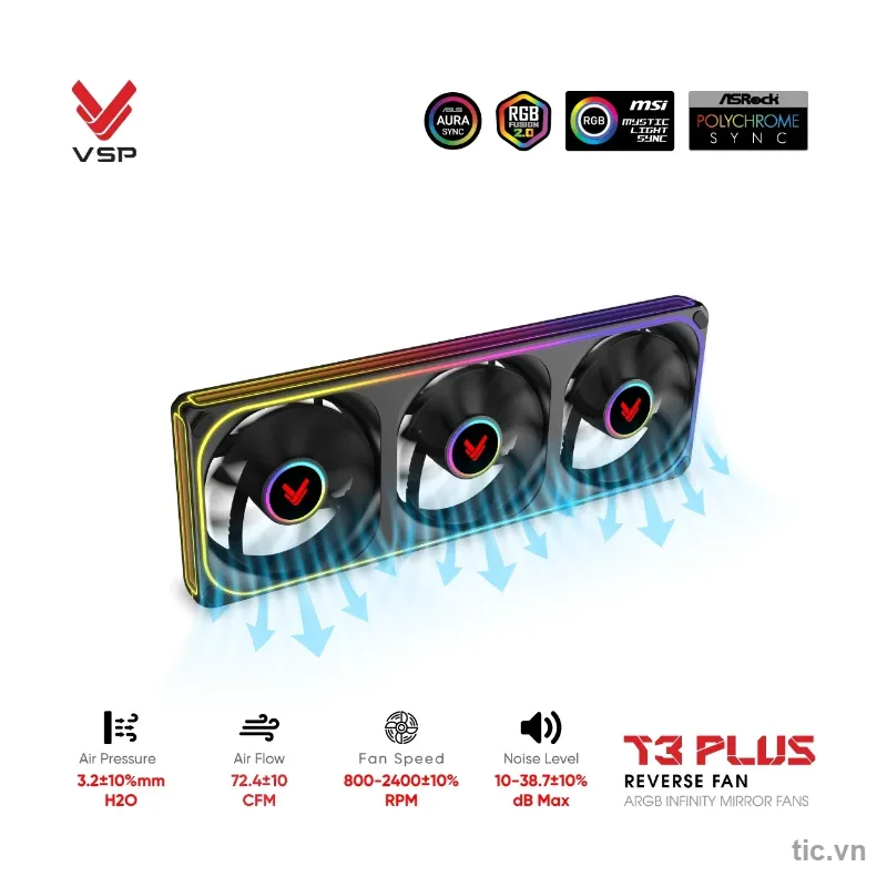Quạt tản nhiệt VSP T3 PLUS Reverse Fan Đen (Cụm 3 quạt liền khối cánh ngược, ARGB Infinity Mirror) Chính Hãng