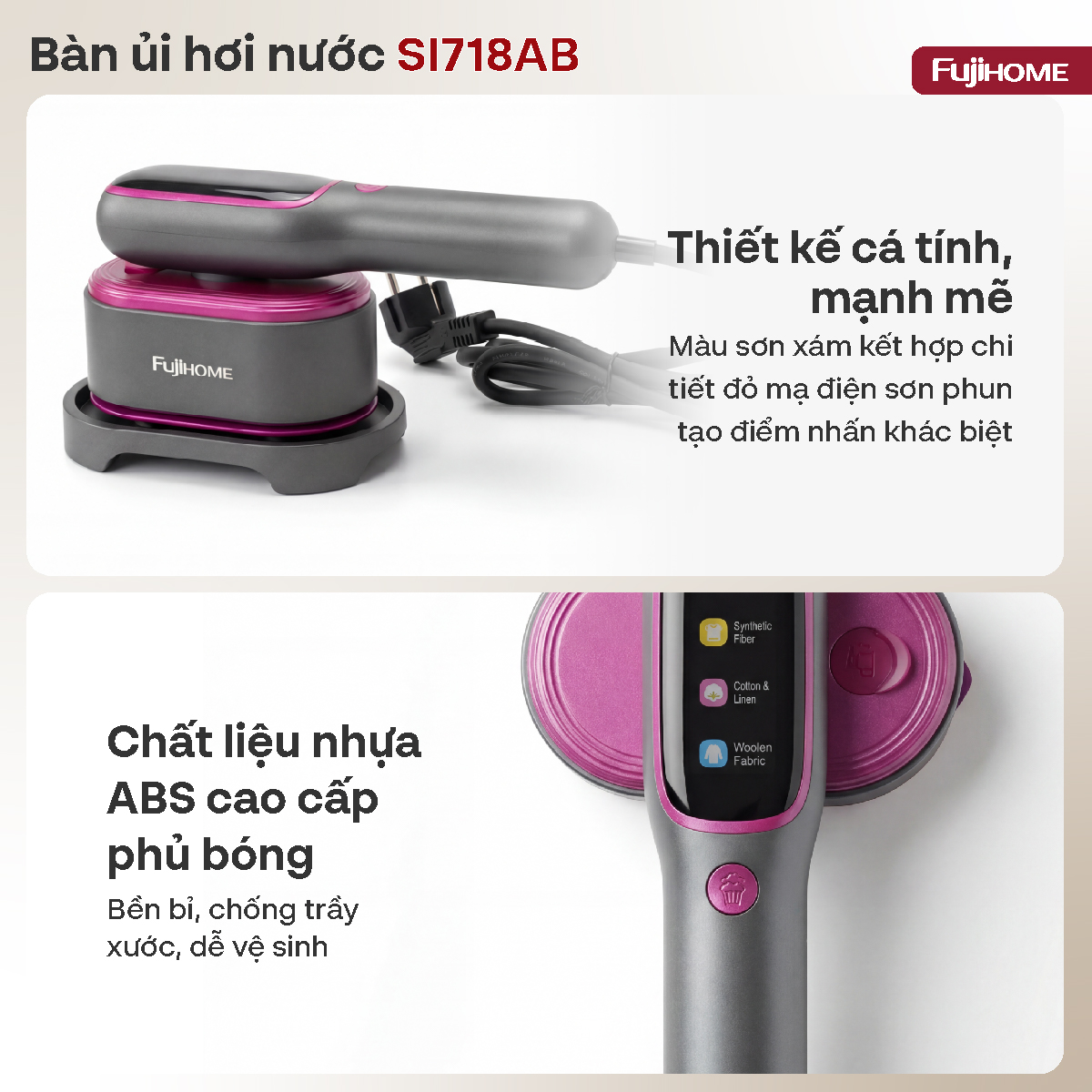 Bàn là hơi nước cầm tay Fujihome SI718AB 1200W 5 mức vải | Hàng chính hãng