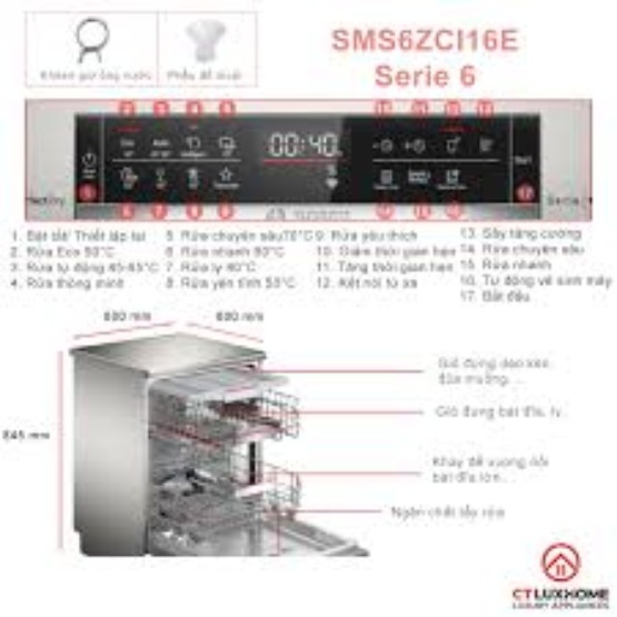 Máy rửa bát Bosch 14 bộ Serie 6 sấy Zeolith SMS6ZCI16E | Hàng chính hãng