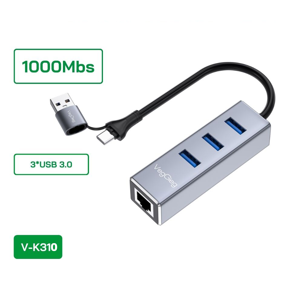 Hub USB 3.0 + LAN Gigabit VegGieg V-K310 – 3 cổng USB