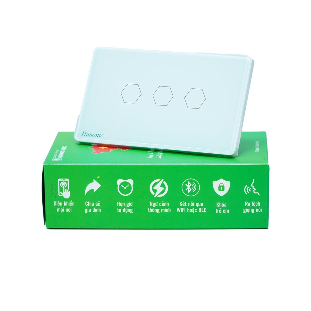 Công tắc cảm ứng WiFi Hunonic 3 Nút, HCN, màu Đen/Trắng