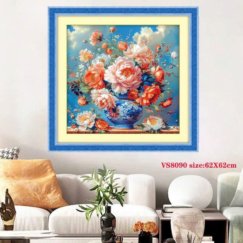 Tranh bình hoa mẫu đơn rực rỡ VS8090, kích thước 60x60 cm