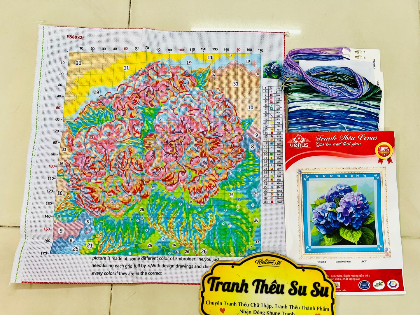 Tranh thêu kín Hoa cẩm tú cầu VS8982, kích thước 50x50 cm